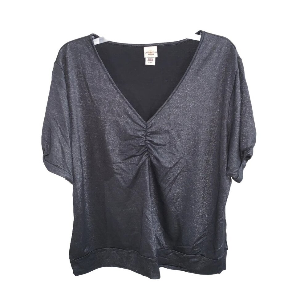 Covington woman's Shiny Black Top Sz 16-18W Short Sleeve Ruched Chest v-neckline